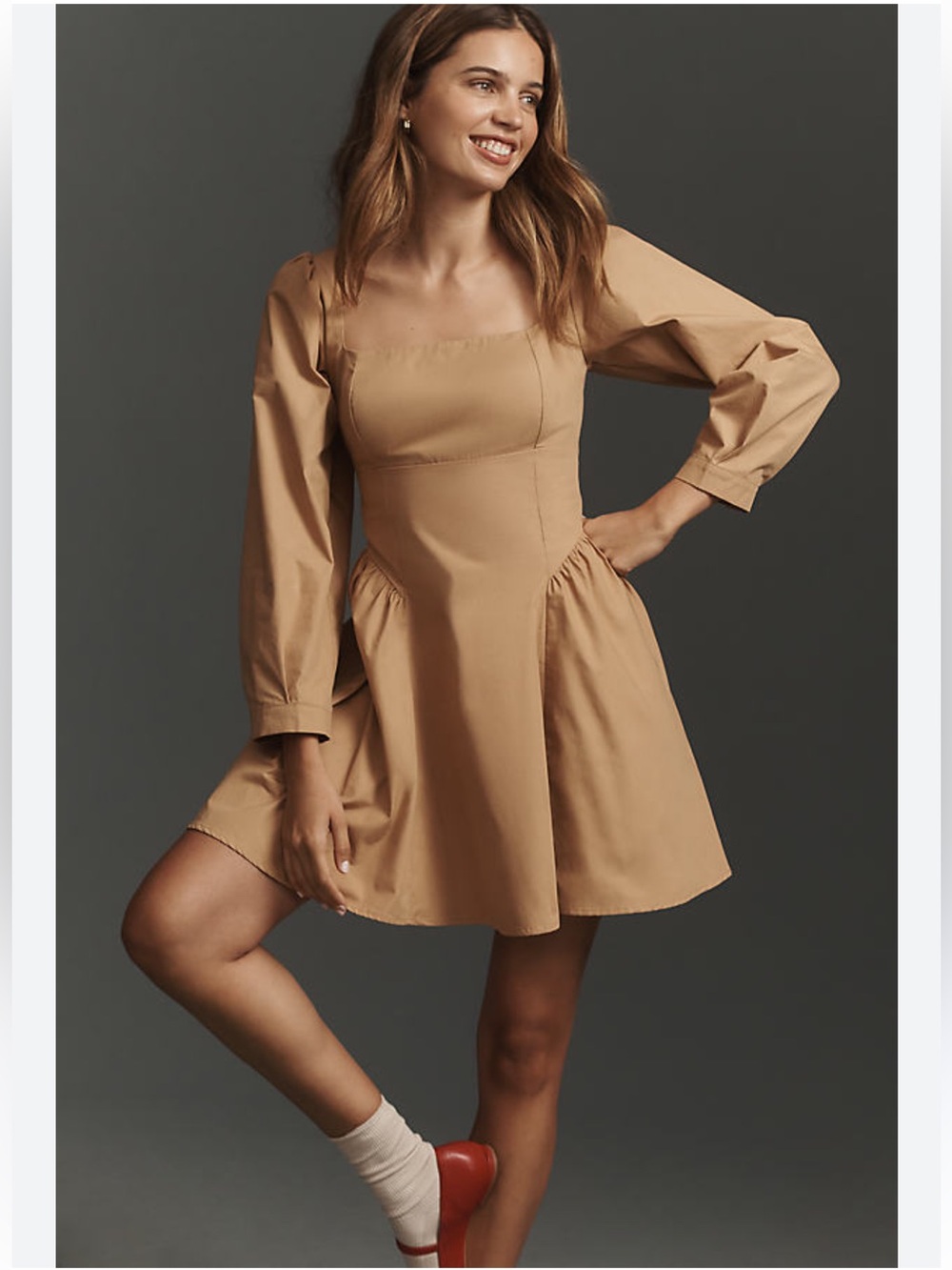 Anthropologie Camel/Tan Square-Neck Poplin Mini Dress